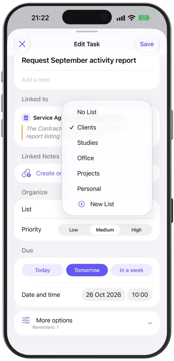 The “Organize” section with the “List” picker and the levels “Low”, “Medium” and “High”.
