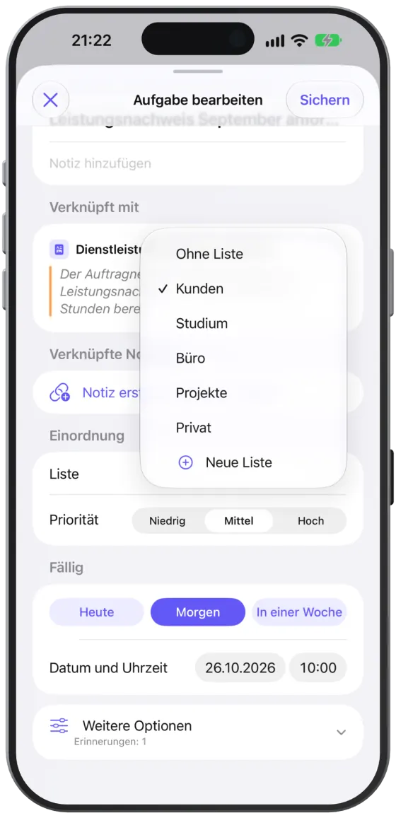 Der Abschnitt „Einordnung“ mit der Auswahl „Liste“ und den Stufen „Niedrig“, „Mittel“ und „Hoch“.