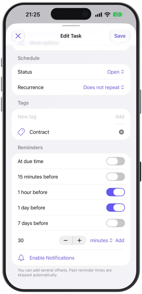 The “Reminders” section with fixed offsets, an offset of your own and “Enable Notifications”.