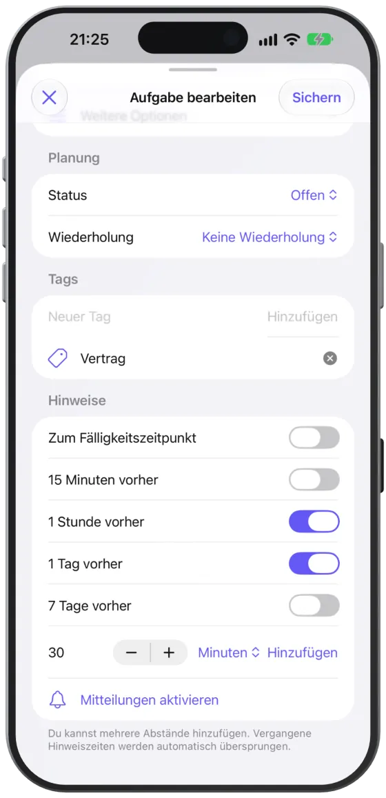 Der Abschnitt „Hinweise“ mit festen Abständen, eigenem Abstand und „Mitteilungen aktivieren“.