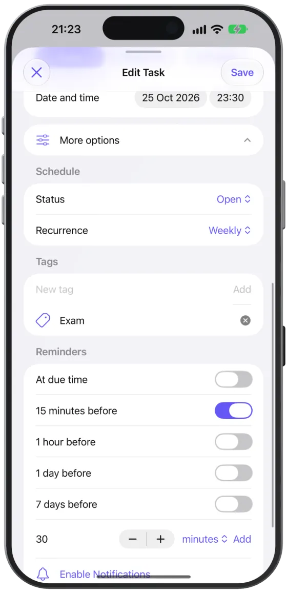 Expanded “More options” with status, recurrence, one tag and the reminders.