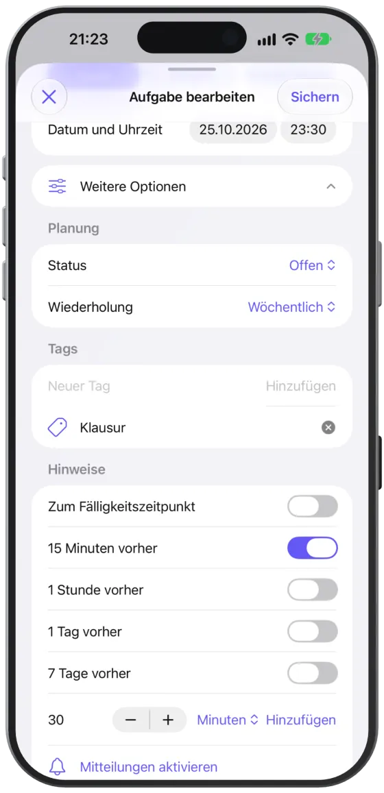 Aufgeklappte „Weitere Optionen“ mit Status, Wiederholung, einem Tag und den Hinweisen.