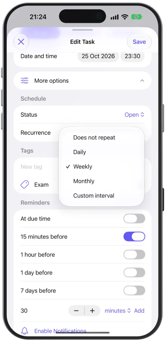 The “Recurrence” picker with “Daily”, “Weekly”, “Monthly” and “Custom interval”.