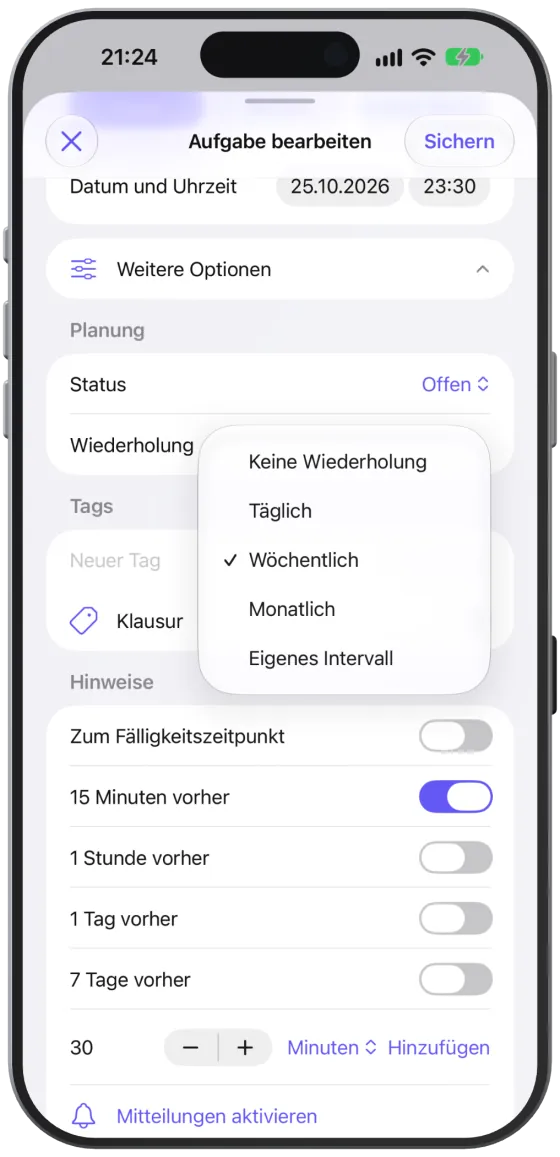 Die Auswahl „Wiederholung“ mit „Täglich“, „Wöchentlich“, „Monatlich“ und „Eigenes Intervall“.