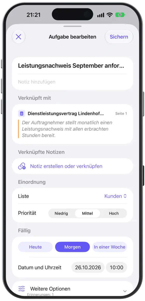 Der Editor „Aufgabe bearbeiten“ mit Titel, verknüpfter Stelle, Einordnung und Termin.