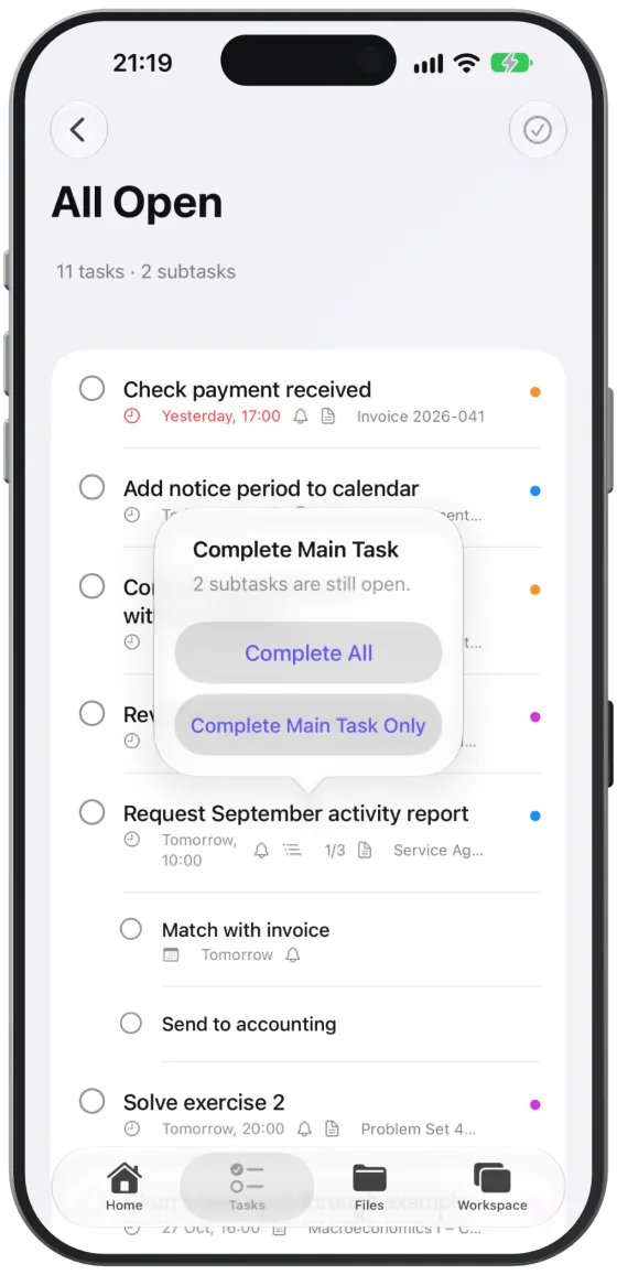 The “Complete Main Task” prompt when subtasks are still open.