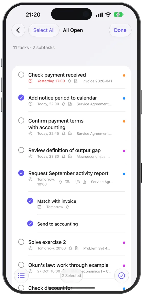 Selection mode with two tasks selected; at the bottom “Move to List”, the count and “Complete”.