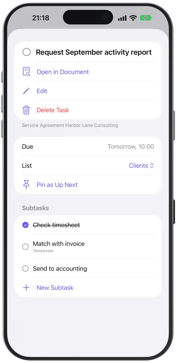 The details of a task with due date, list and three subtasks.
