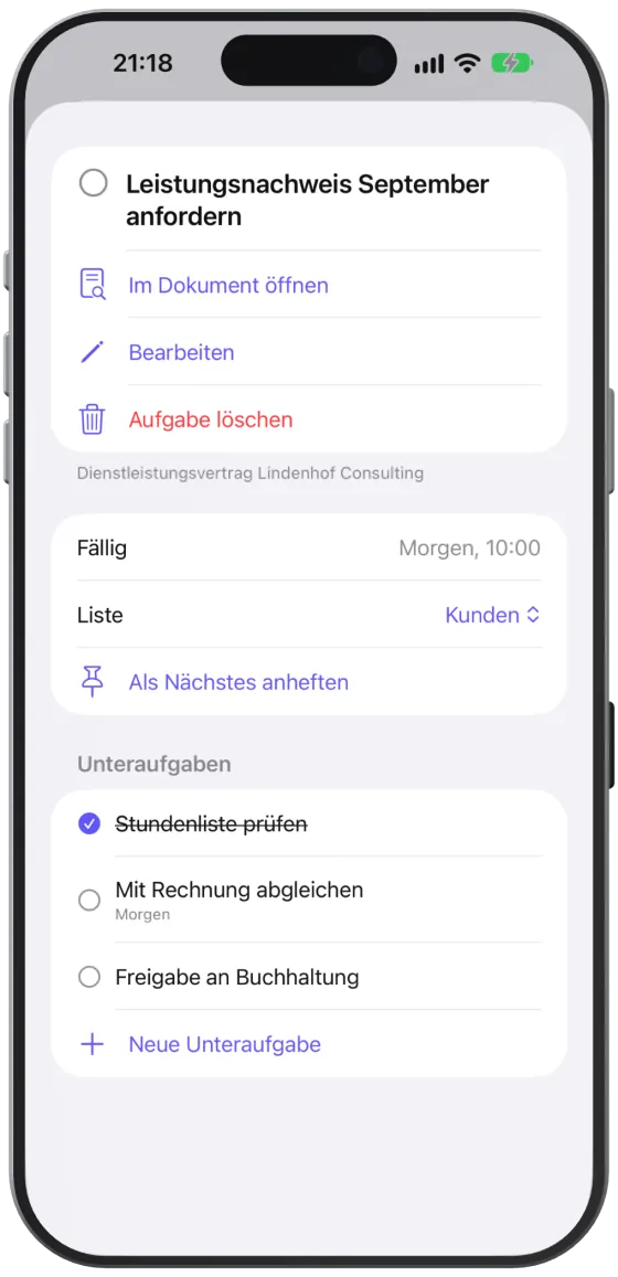 Das Detail einer Aufgabe mit Termin, Liste und drei Unteraufgaben.