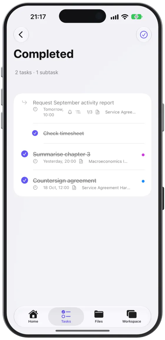 “Completed” with struck-through tasks; the grey row with an arrow shows the main task of a completed subtask.