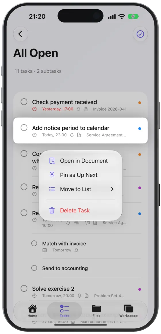 The context menu with “Open in Document”, “Pin as Up Next” and “Move to List”.