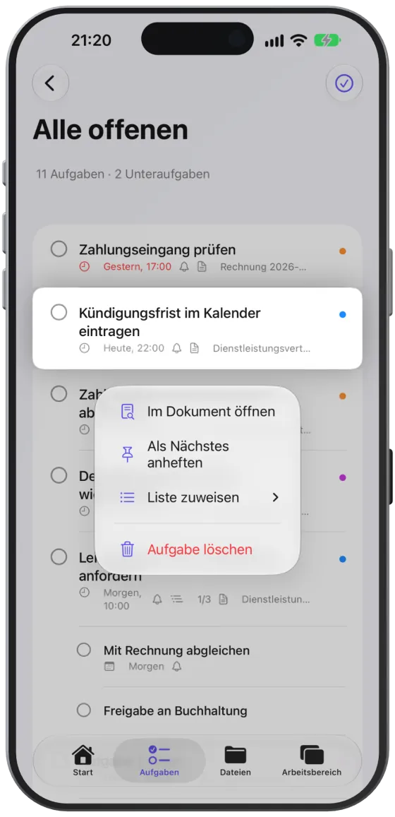 Das Kontextmenü mit „Im Dokument öffnen“, „Als Nächstes anheften“ und „Liste zuweisen“.