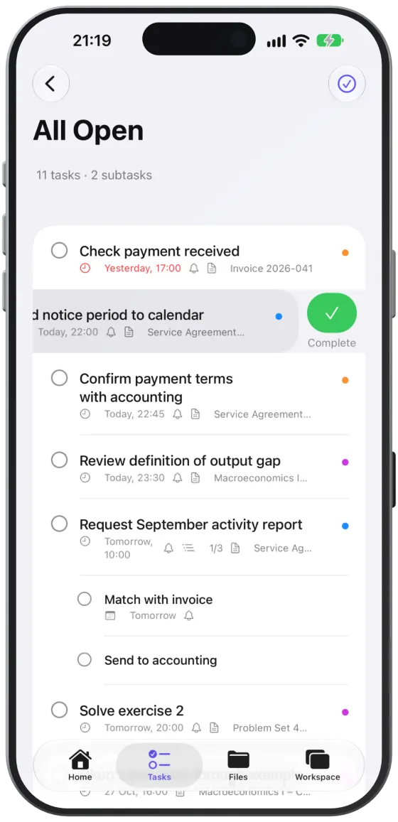 Swiped to the left: “Complete” checks the task off.