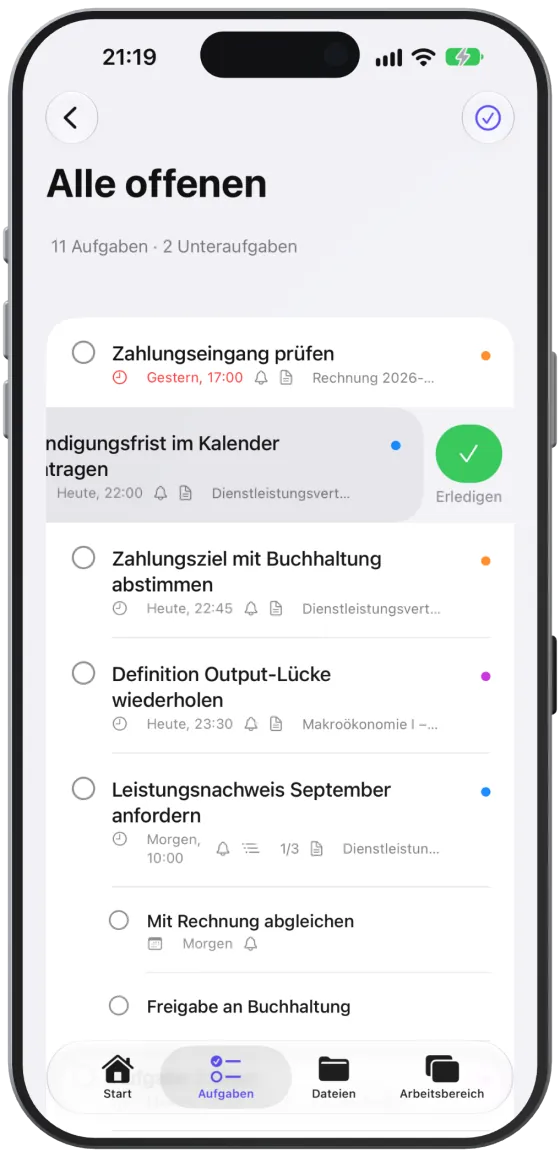 Nach links gewischt: „Erledigen“ hakt die Aufgabe ab.