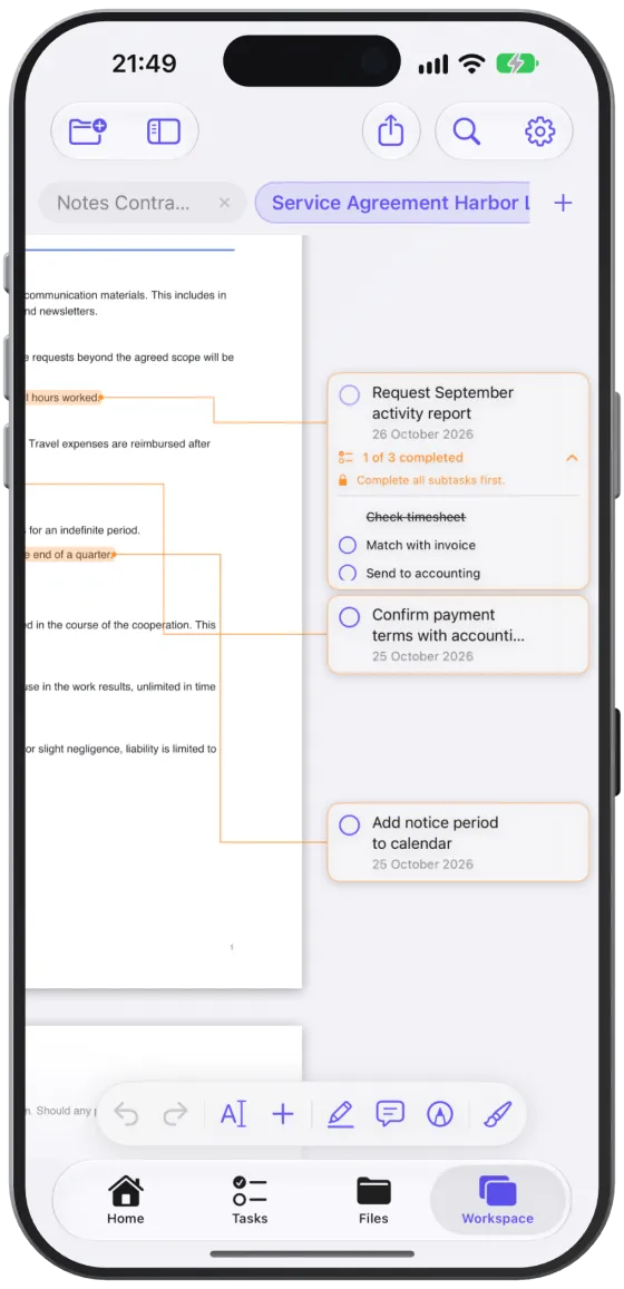 Task cards in the page margin, each connected to its spot by a line.