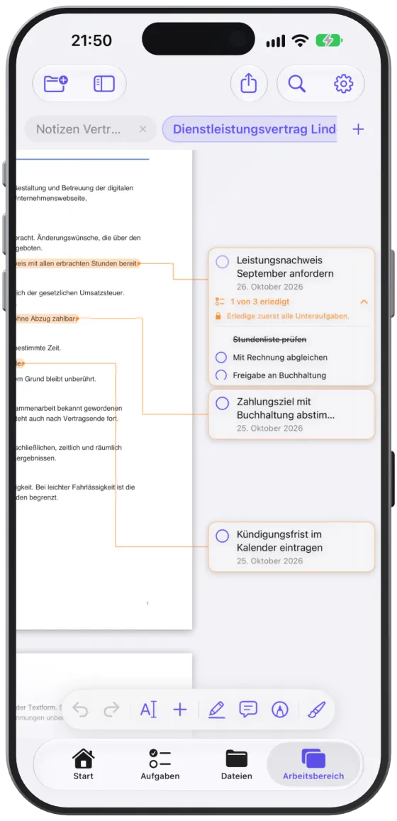 Aufgabenkarten am Seitenrand, jeweils mit einer Linie zu ihrer Stelle verbunden.