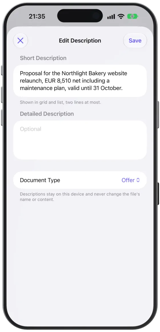 The “Edit Description” editor with short description, detailed description and document type.