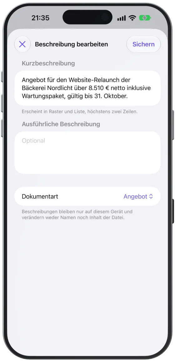 Der Editor „Beschreibung bearbeiten“ mit Kurzbeschreibung, ausführlicher Beschreibung und Dokumentart.