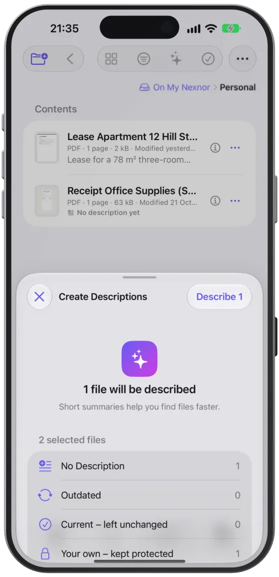 The “Create Descriptions” sheet showing which files will be described.