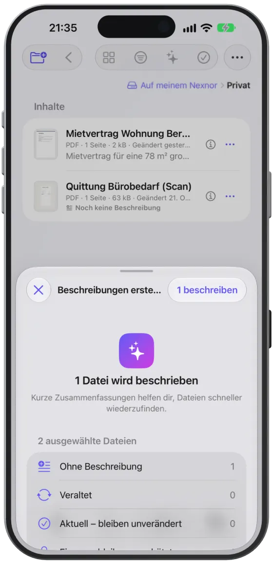 Das Blatt „Beschreibungen erstellen“ mit der Übersicht, welche Dateien beschrieben werden.