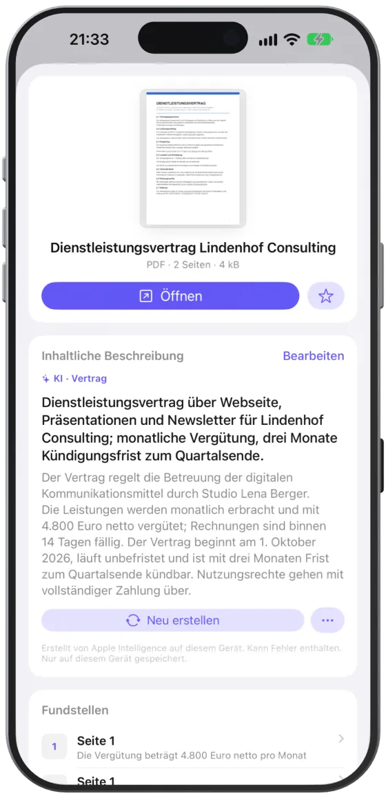 Die Karte „Inhaltliche Beschreibung“ im Informationsbereich einer Datei.