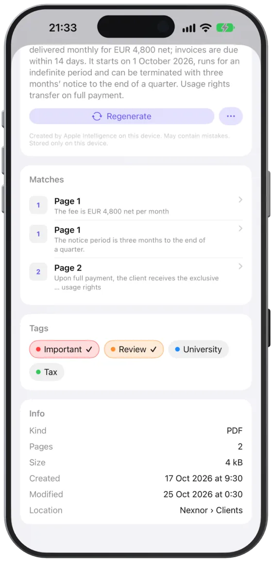 The info pane with preview, description, tags and file details.