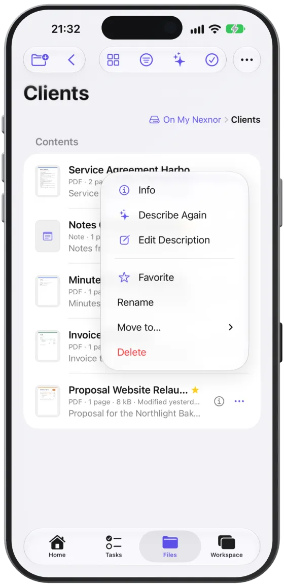 A file’s … menu with info, description, favourite, move and delete.