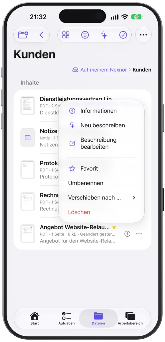 Das …-Menü einer Datei mit Informationen, Beschreibung, Favorit, Verschieben und Löschen.