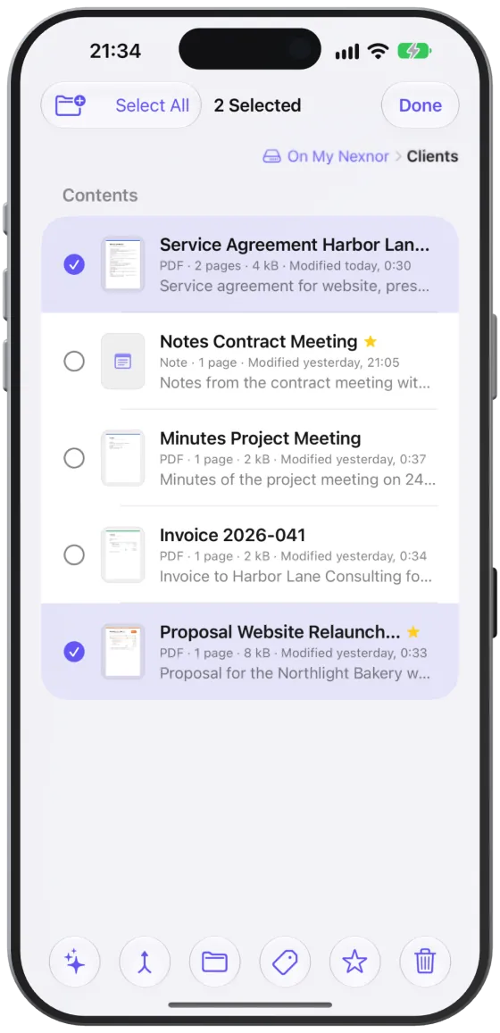 The selection with several files checked and the action bar at the bottom.