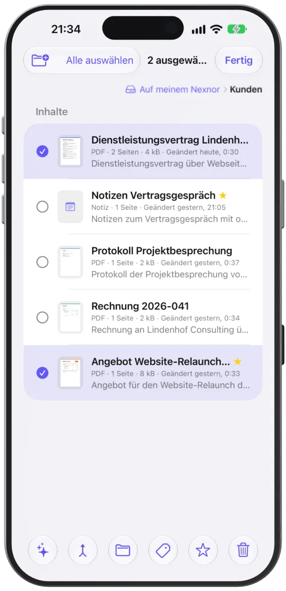 Die Auswahl mit mehreren markierten Dateien und der Aktionsleiste unten.