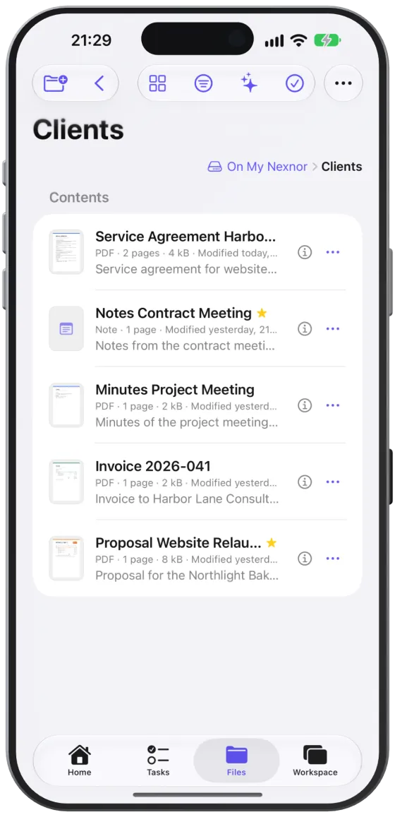 Files on iPad: the sidebar with folder tree and tags on the left, the contents of a folder on the right.