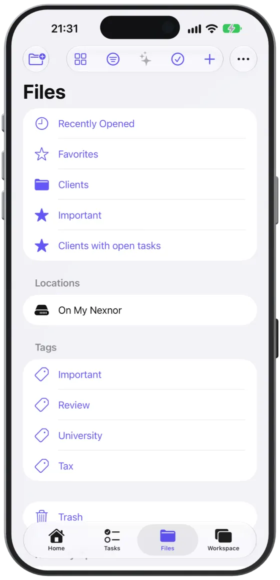 The “Favorites” view with a favourite folder and starred files.