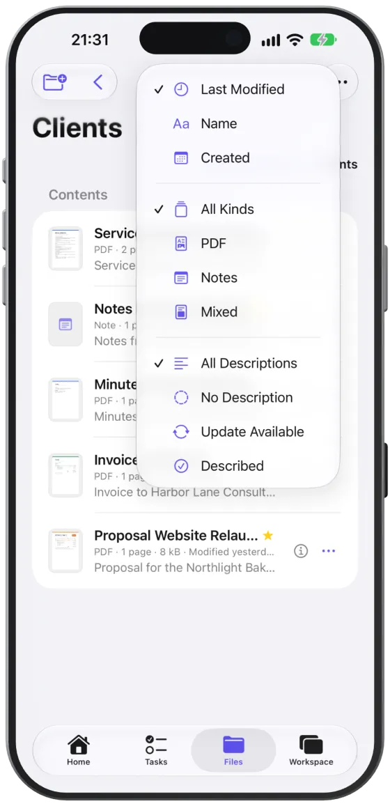 The “Sort and Filter” menu with sort order, kind and description.