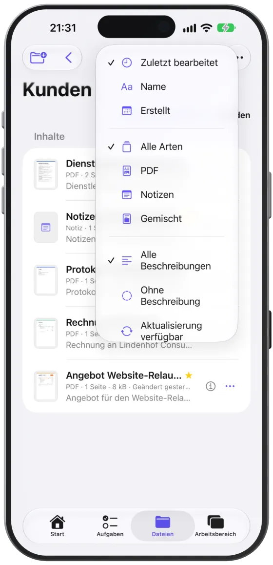Das Menü „Sortieren und Filtern“ mit Sortierung, Art und Beschreibung.