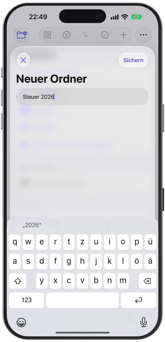 Der Dialog „Neuer Ordner“ mit dem Feld für den Namen.