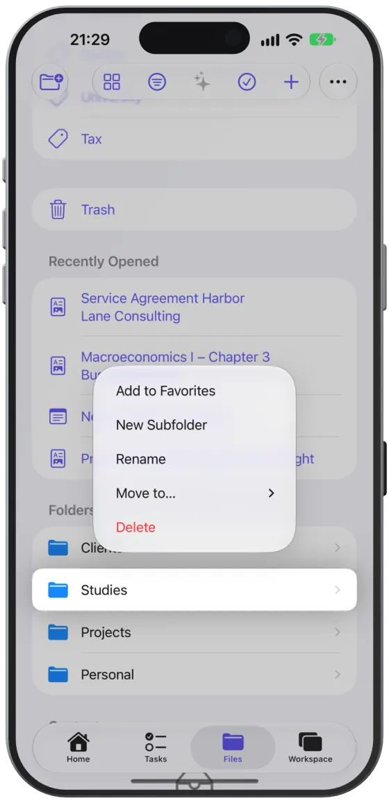 A folder’s menu with favourite, subfolder, rename, move and delete.