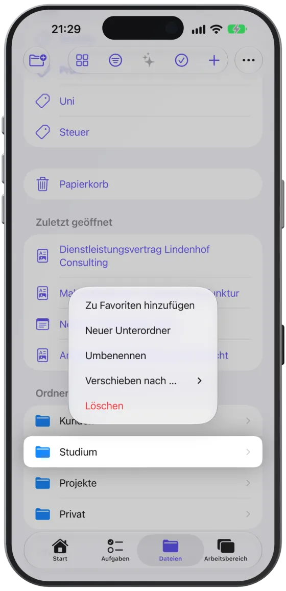 Das Menü eines Ordners mit Favorit, Unterordner, Umbenennen, Verschieben und Löschen.