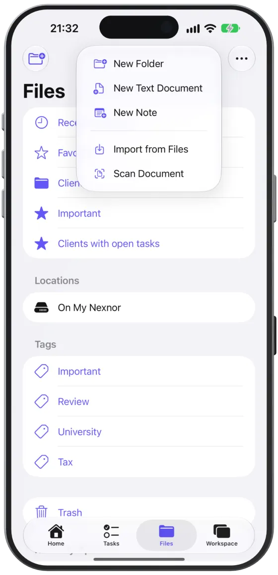 The ＋ menu with new folder, text document, note and import.