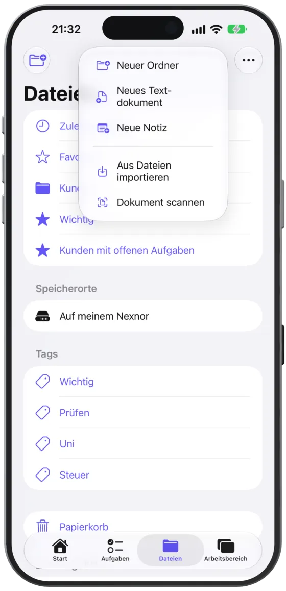 Das Menü ＋ mit neuem Ordner, Textdokument, Notiz und Import.