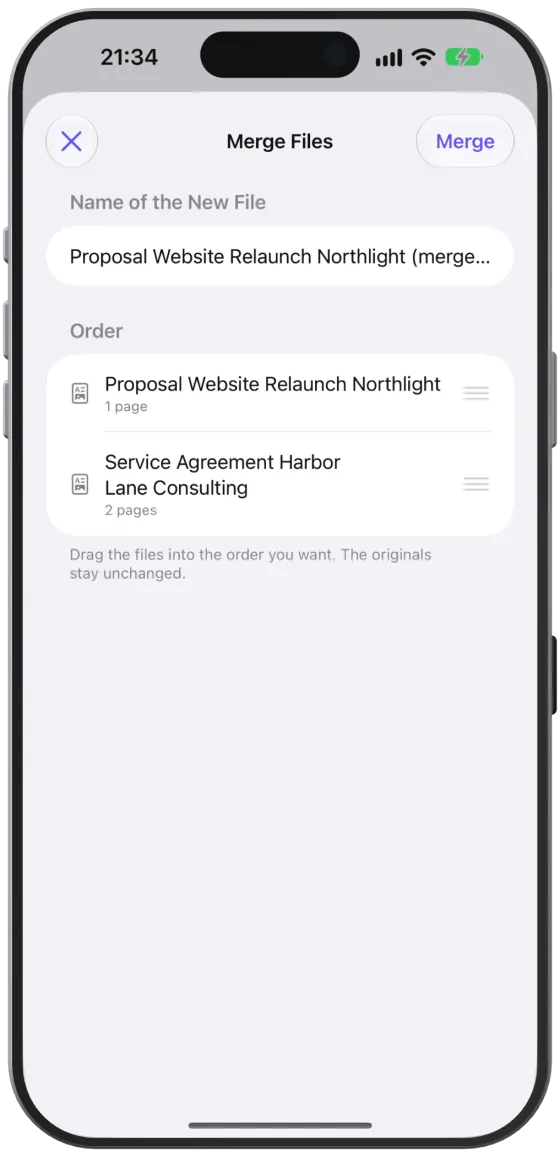 The “Merge Files” dialog with name and order.