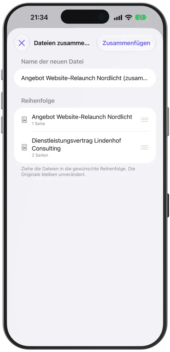 Der Dialog „Dateien zusammenfügen“ mit Name und Reihenfolge.