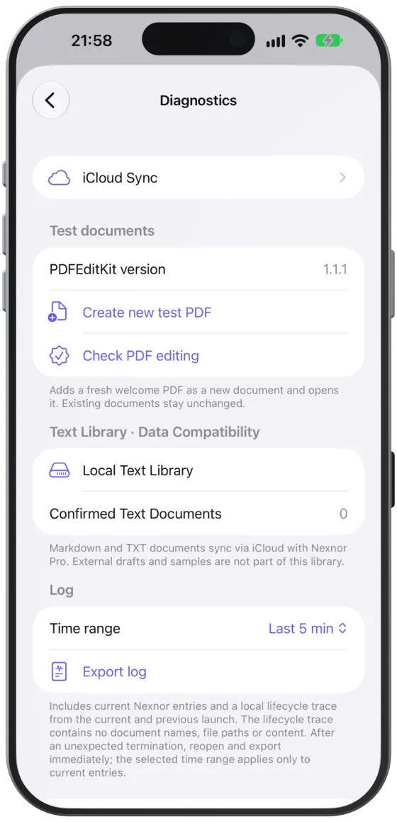 The diagnostics area with iCloud Sync, Log and “End Diagnostic Mode”.