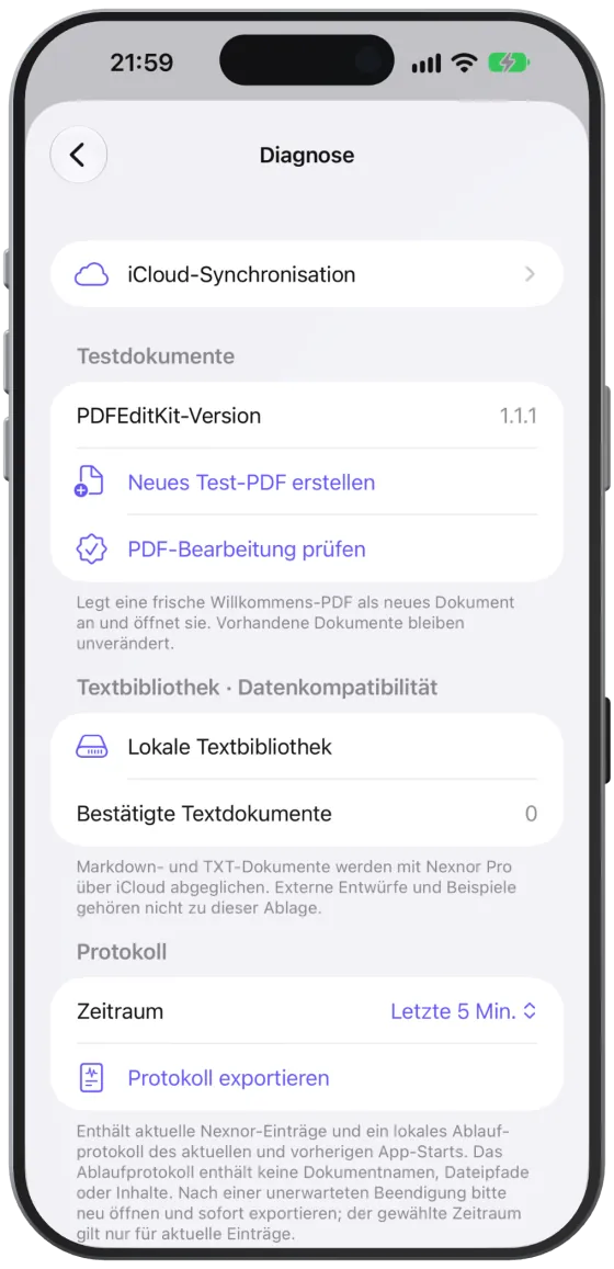 Der Diagnosebereich mit iCloud-Synchronisation, Protokoll und „Diagnosemodus beenden“.