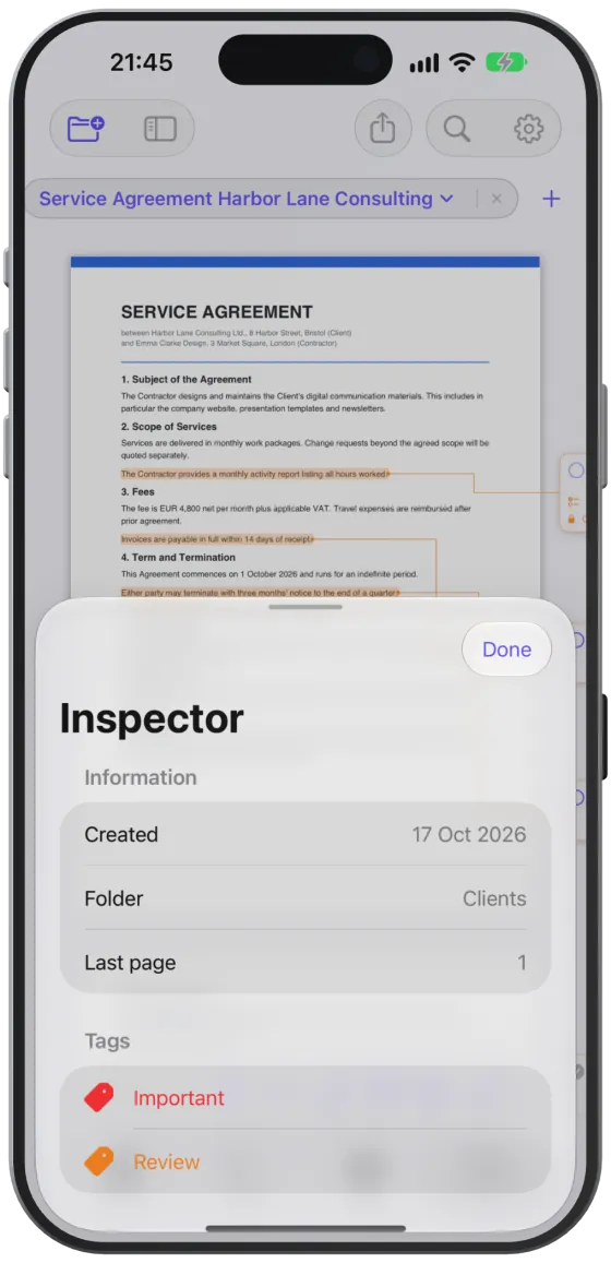 The inspector with information, tags, document tasks and text recognition.