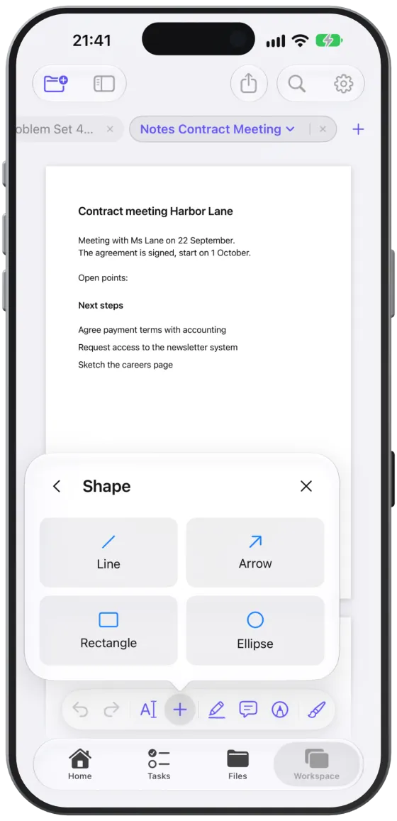 The shape choice in the “Insert” menu with “Line”, “Arrow”, “Rectangle” and “Ellipse”.