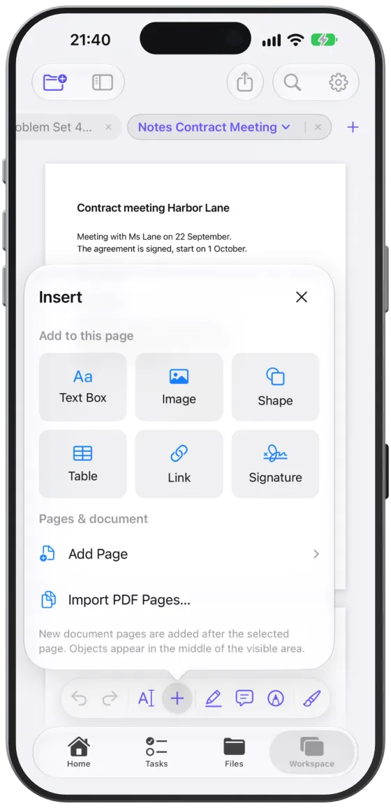 The “Insert” menu with text box, image, shape, table, link, signature and the page actions.