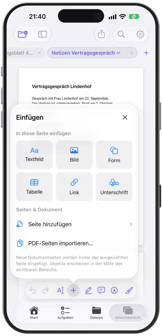 Das Menü „Einfügen“ mit Textfeld, Bild, Form, Tabelle, Link, Unterschrift und den Seiten-Aktionen.