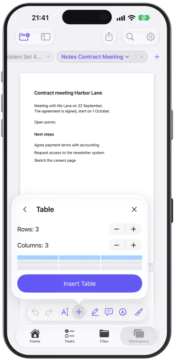Inserting a table: set rows and columns, the preview shows the grid.