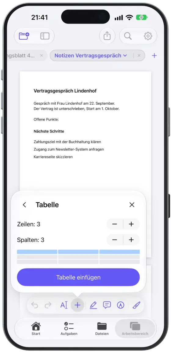 Eine Tabelle einfügen: Zeilen und Spalten einstellen, die Vorschau zeigt das Raster.