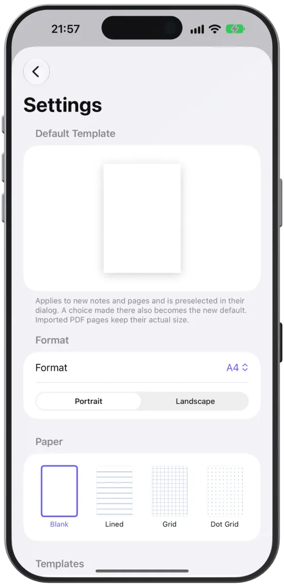 Settings with a preview of the default template, Format, Orientation, Paper and Templates.